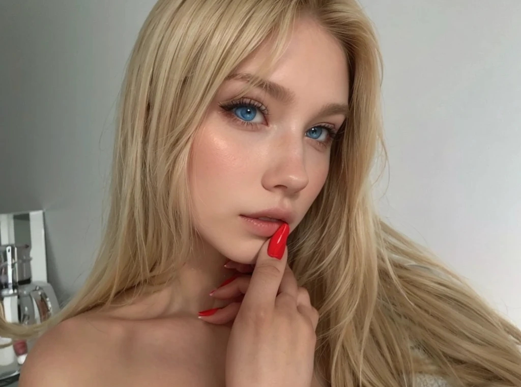 Blonde woman with red nails and blue eyes
