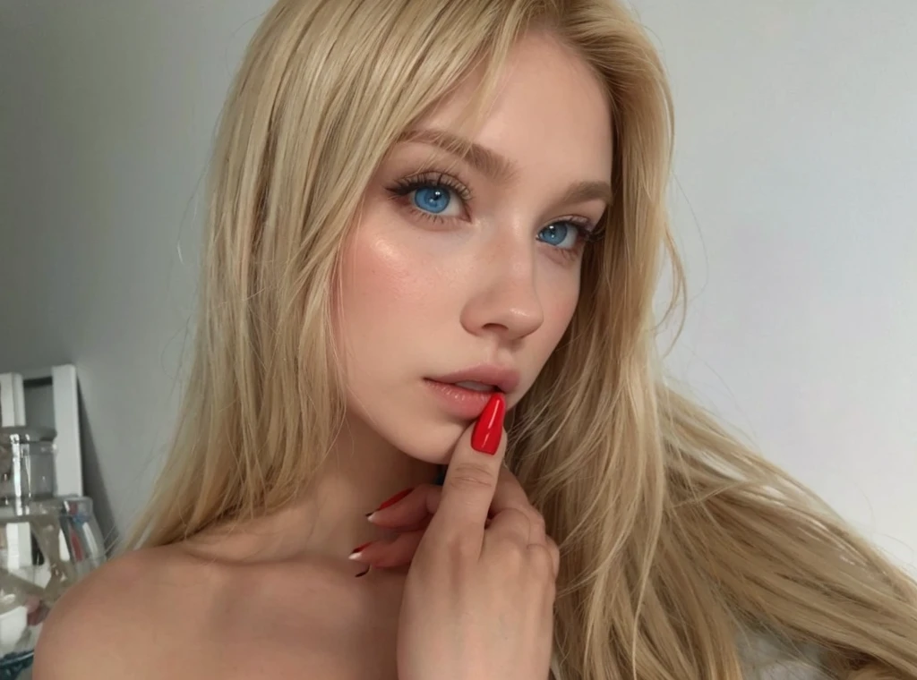 Blonde woman with red nails and blue eyes