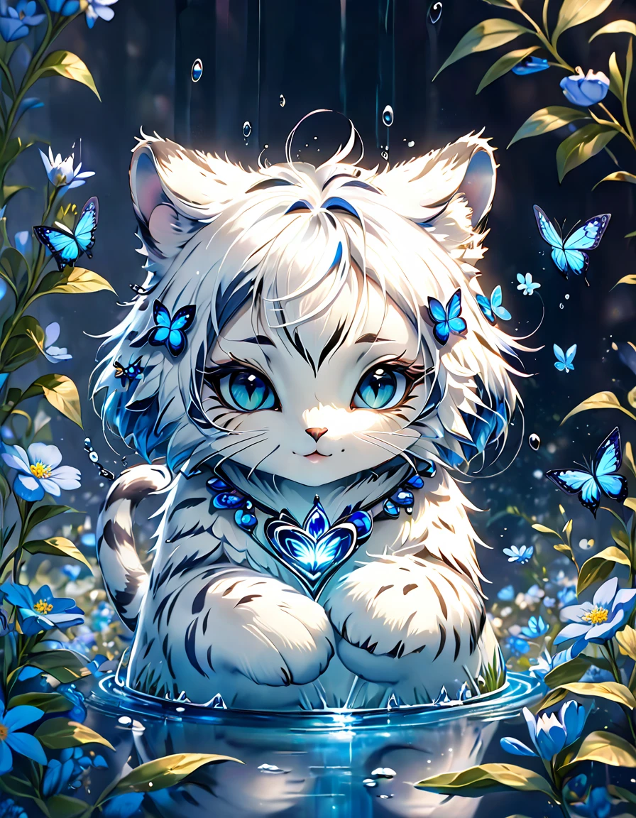 absurdres, highres, ultra detailed, HDR, master piece, best quality, extremely detailed, white tiger, solo, cute, small, fantasy, magical, magic, blue butterflies, blue petals, blue flowers, water, blossoms, glass