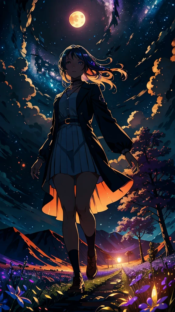 expansive landscape photograph , (a view from below that shows sky above and open field below), a girl standing on flower field looking up, (full moon:1.2), ( shooting stars:0.9), (nebula:1.3), distant mountain, tree BREAK
production art, (warm light source:1.2), (Firefly:1.2), lamp, lot of purple and orange, intricate details, volumetric lighting BREAK
(masterpiece:1.2), (best quality), 4k, ultra-detailed, (dynamic composition:1.4), highly detailed, colorful details,( iridescent colors:1.2), (glowing lighting, atmospheric lighting), dreamy, magical, (solo:1.2)