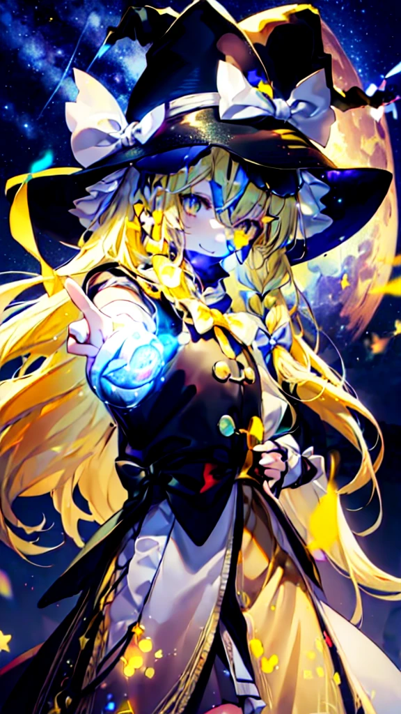 (Best image quality), blonde_hair, length_hair, Have, witch_Have, bow, yellow_eye, Braiding, single_Braiding, Have_bow, smile, hair_bow, white_bow, 前hair, black_hat, (Highly detailed CG Unity 16k wallpaper:1.1), Night Sky,(shooting star)