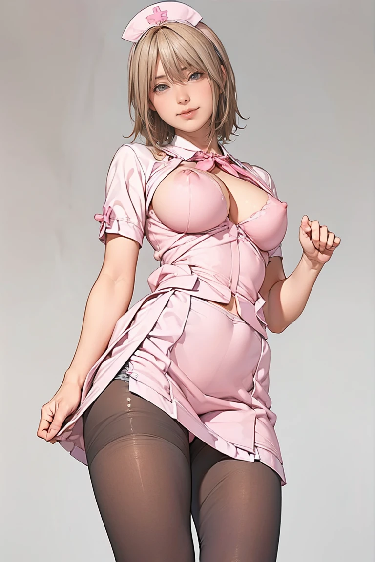 (((nude)))(masterpiece、Highest quality)、(Photo Real:1.4)、 Mature Woman, Beautiful thighs、Front view、1 Girl、30 years old、Perfect Face、Symmetrical cute face、Pink nurse uniform、(Random hairstyle、blonde)、Big eyes、Long eyelashes、((expensive))、Beautiful Hair、Beautiful Face、Beautiful and beautiful eyes、Perfect proportions、Beautiful breasts、Beautiful feet、Beautiful fingers、((High quality fabric、Pink nurse uniform、Skirt flip))、(To the hospital)、Are standing、 (smile), (((Skirt lift with both hands、Panties and pantyhose are visible)))