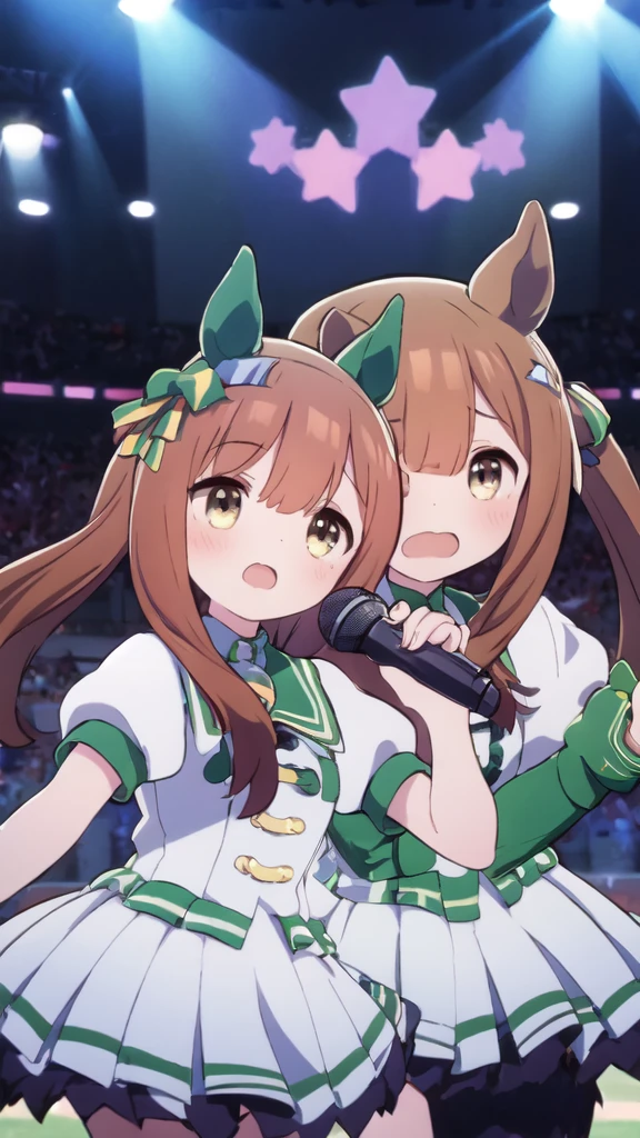 Two Girls, Smart Falcon and Silence Suzuka, Horse Girls, live house, Hold the microphone, Audience holding penlights in the background,