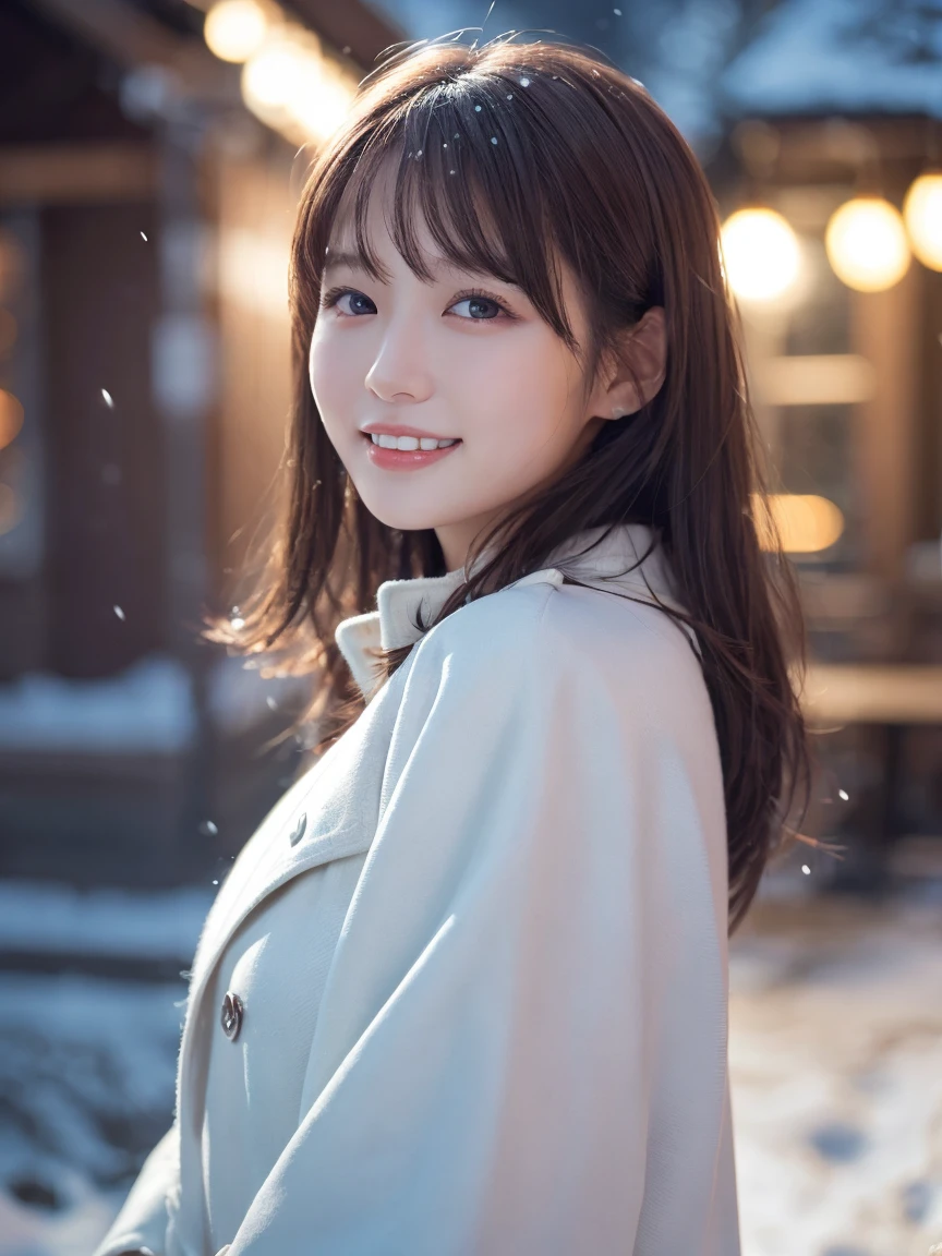 1 Girl, (Wear a platinum coat:1.2), (RAW Photos, Highest quality), (Realistic, Photorealistic:1.4), Tabletop, Very delicate and beautiful, Very detailed, 2k wallpaper, wonderful, finely, Very detailed CG Unity 8K 壁紙, Very detailedな, High resolution, Soft Light, Beautiful detailed girl, Very detailed目と顔, Beautiful and detailed nose, finelyて美しい目, Cinema Lighting, Illuminations that light up the city on a snowy night, Snow Scene, that&#39;it&#39;s snowing, 髪にit&#39;s snowing, Perfect Anatomy, Slender body, Was nervous, 
Straight semi-long hair, bangs, Looking at the audience, smile