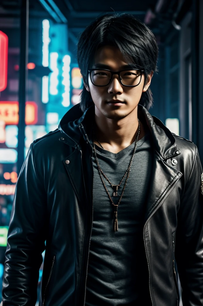 Create a 3d realistic image of a korean guy with a cyberpunk outfit with a little long hair and glasses. The bacgkround is cyberpunk and have a led written name "CKEN"