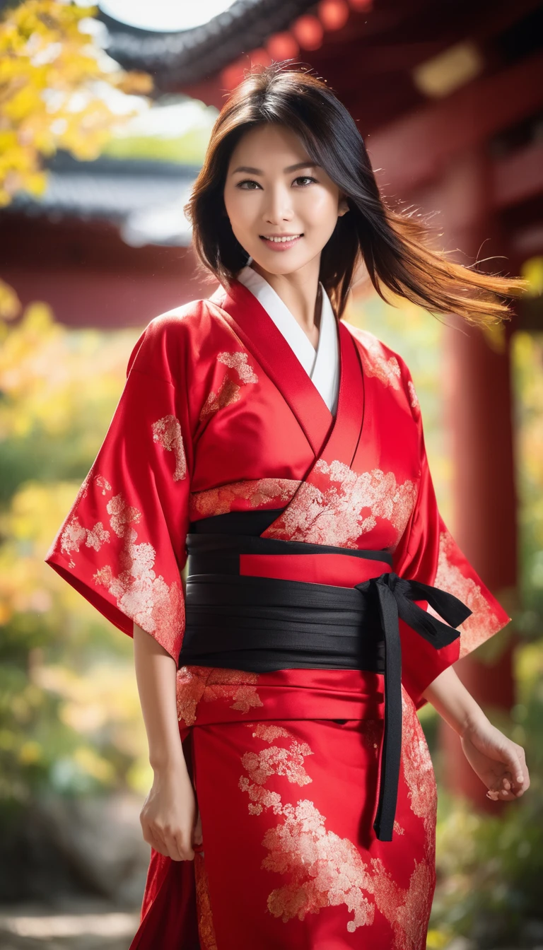 Dynamic action shots, Beautiful Asian Woman, She is wearing red samurai armor and a yukata.、don&#39;t have a weapon, She is tall and solemn, Her hair is in a high ponytail with a red ribbon、Lines are drawn around the eyes, Realistic, sharp skin, Wield a sword, Dynamic pose, Wide Hips, Long legs, Charismatic, A forge with a forge and molten metal in the background, Strong winds, 