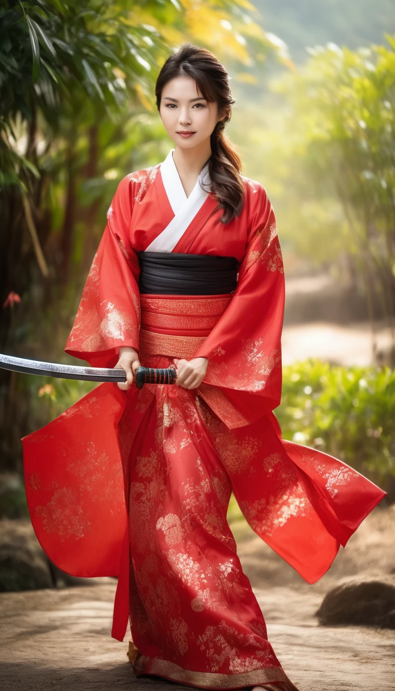 Dynamic action shots, Beautiful Asian Woman, She is wearing red samurai armor and a yukata.、don&#39;t have a weapon, She is tall and solemn, Her hair is in a high ponytail with a red ribbon、Lines are drawn around the eyes, Realistic, sharp skin, Wield a sword, Dynamic pose, Wide Hips, Long legs, Charismatic, A forge with a forge and molten metal in the background, Strong winds, 