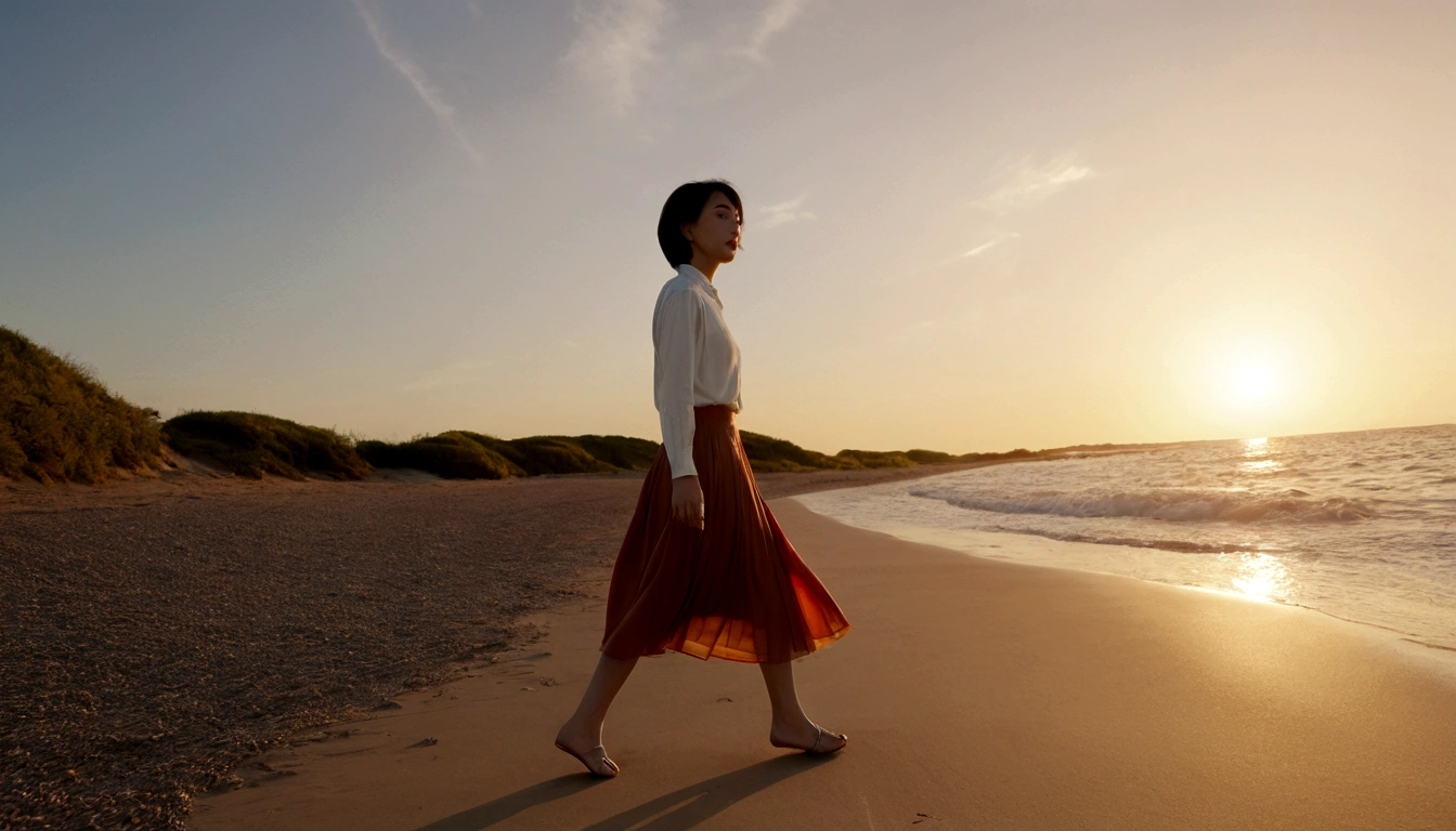 8k realistic, lifelike photo, Realistic appearance of nature, , Woman walking along the beach at sunset. Viewed from a distance with a wide-angle lens , Front view of Asian woman wearing light skirt, burning sunset light, 1 woman, Short hair blowing slightly in the wind, Looking at the camera