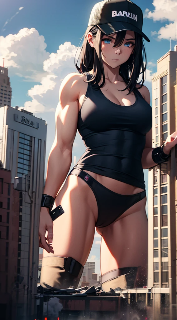 Partially Obscured,trucker hat,black hair,blue eyes,GtsGiga,Looming,Rampage,giantess art,black boots,leather jacket,white tank top,muscular, woman,solo,meduim bosom,red by clouds,Barbain,Butch woman