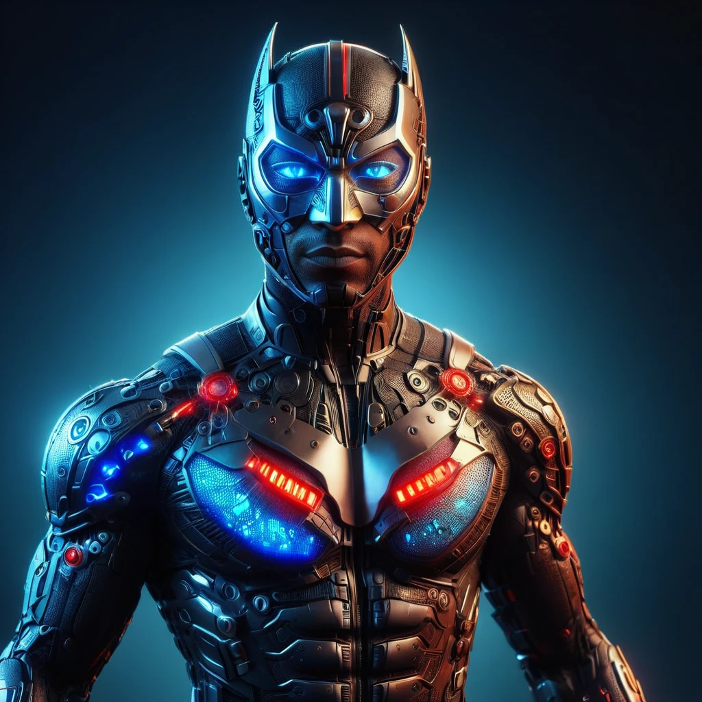 a man in a black superhero suit, blue led eyes, blue mask with red details, highly detailed, cinematic lighting, 8k, ultra-detailed, photorealistic, dramatic pose, dynamic action scene, vibrant colors