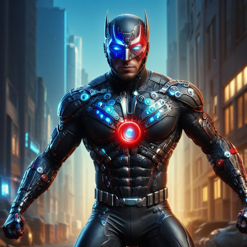 a man in a black superhero suit, blue led eyes, blue mask with red details, highly detailed, cinematic lighting, 8k, ultra-detailed, photorealistic, dramatic pose, dynamic action scene, vibrant colors