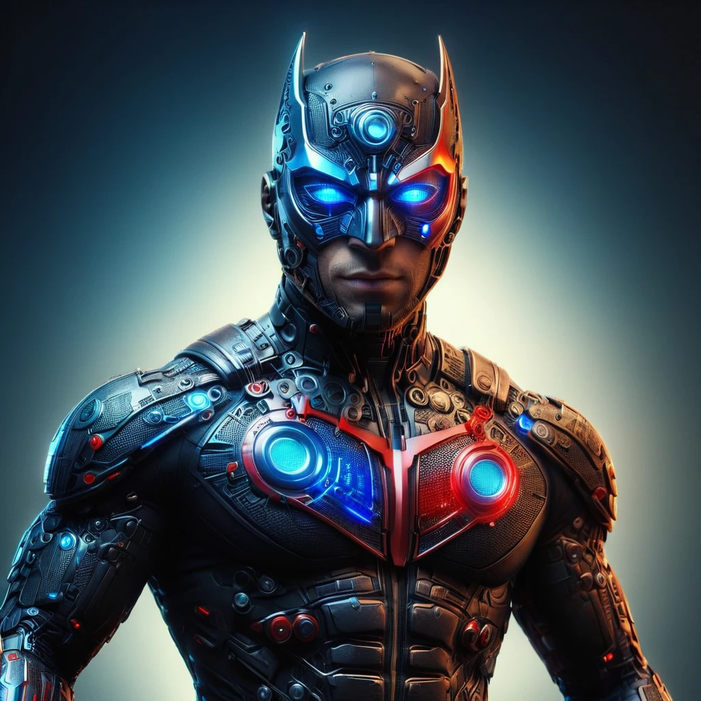 a man in a black superhero suit, blue led eyes, blue mask with red details, highly detailed, cinematic lighting, 8k, ultra-detailed, photorealistic, dramatic pose, dynamic action scene, vibrant colors