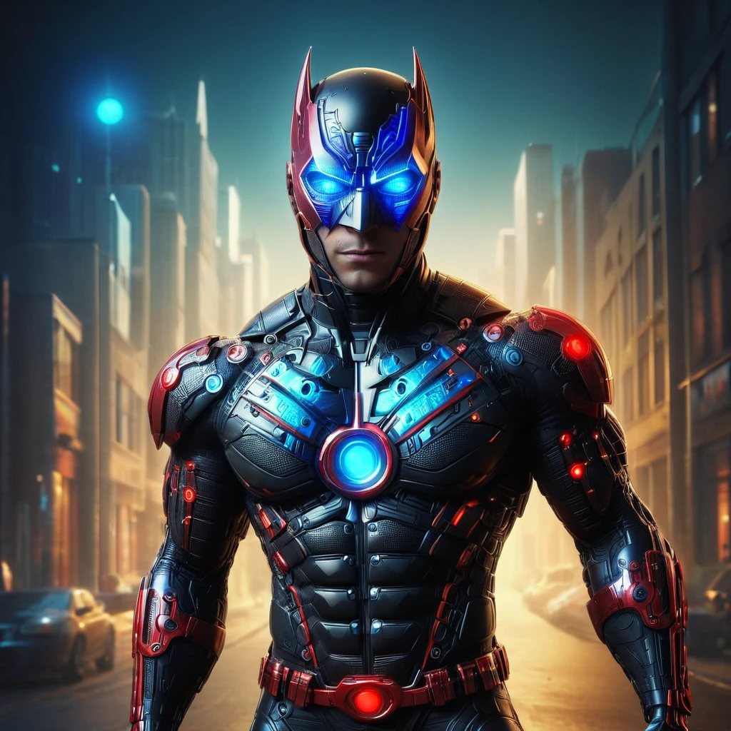 a man in a black superhero suit, blue led eyes, blue mask with red details, highly detailed, cinematic lighting, 8k, ultra-detailed, photorealistic, dramatic pose, dynamic action scene, vibrant colors