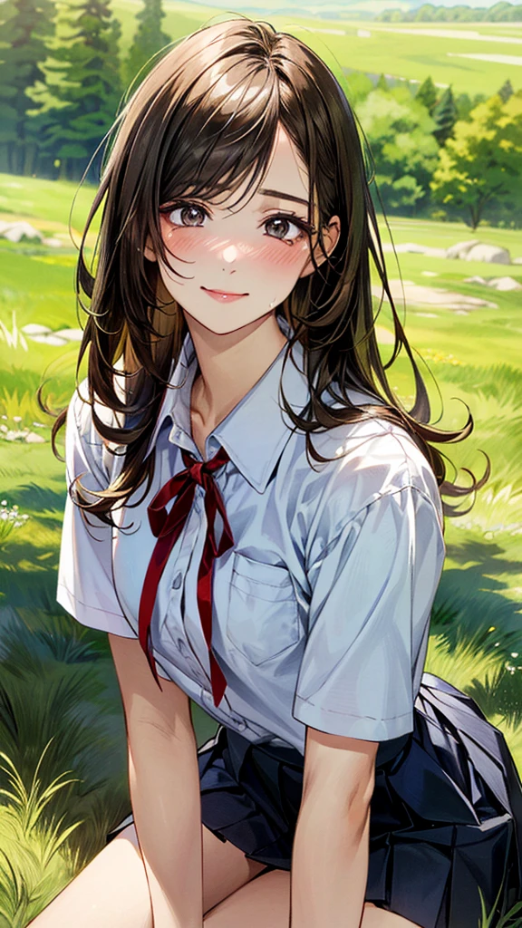 (masterpiece:1.2, top-quality, ultra high res, ultra detailed), (realistic, photorealistic:1.4), beautiful illustration, (natural side lighting, movie lighting), 
looking at viewer, (face focus, upper body), 1 girl, japanese, high school dirl, perfect face, (perfect anatomy), cute and symmetrical face, , shiny skin, slender
(long hair:1.5, straight hair:1.2, sark brown hair), parted bangs, grey eyes, long eye lasher, (medium breasts), 
beautiful hair, beautiful face, beautiful detailed eyes, beautiful clavicle, beautiful body, beautiful chest, beautiful thigh, beautiful legs, 
((detailed cloth texture, short sleeve white collared shirts, navy blue pleated mini skirt, red neck ribbon), , , 
(beautiful scenery), hands on chest, (lovely smile, upper eyes), In the grass of a meadow, a girl is on all fours, and a large dog is clinging to her back from behind.
Her face was bright red, her mouth was open, and she looked like she was about to cry.
She is wearing a very short skirt.