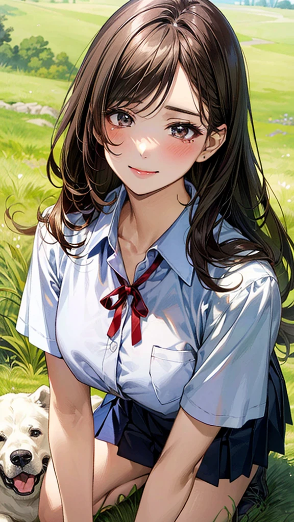 (masterpiece:1.2, top-quality, ultra high res, ultra detailed), (realistic, photorealistic:1.4), beautiful illustration, (natural side lighting, movie lighting),
looking at viewer, (face focus, upper body), 1 girl, japanese, high school dirl, perfect face, (perfect anatomy), cute and symmetrical face, baby face, shiny skin, slender
(long hair:1.5, straight hair:1.2, sark brown hair), parted bangs, grey eyes, long eye lasher, (medium breasts),
beautiful hair, beautiful face, beautiful detailed eyes, beautiful clavicle, beautiful body, beautiful chest, beautiful thigh, beautiful legs,
((detailed cloth texture, short sleeve white collared shirts, navy blue pleated mini skirt, red neck ribbon), , ,
(beautiful scenery), hands on chest, (lovely smile, upper eyes), In a wooded area with thick vegetation, a girl is lying on her back with her legs spread wide apart. The girl's breasts are large and her nipples are standing out, even over her clothes.
Her face is bright red and flushed, her brow is furrowed, and her mouth is open in an expression of delight.