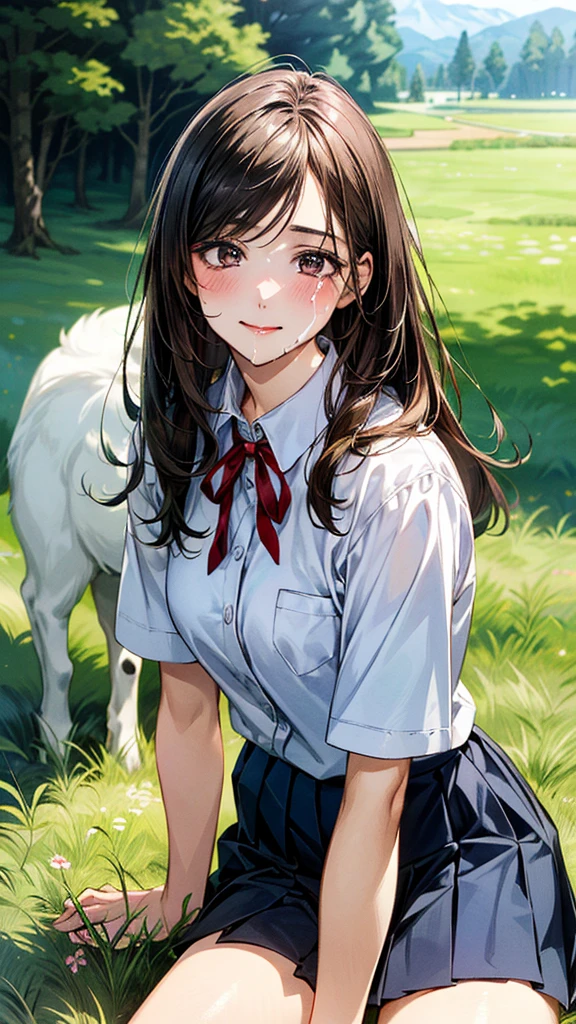 (masterpiece:1.2, top-quality, ultra high res, ultra detailed), (realistic, photorealistic:1.4), beautiful illustration, (natural side lighting, movie lighting),
looking at viewer, (face focus, upper body), 1 girl, japanese, high school dirl, perfect face, (perfect anatomy), cute and symmetrical face, baby face, shiny skin, slender
(long hair:1.5, straight hair:1.2, sark brown hair), parted bangs, grey eyes, long eye lasher, (medium breasts),
beautiful hair, beautiful face, beautiful detailed eyes, beautiful clavicle, beautiful body, beautiful chest, beautiful thigh, beautiful legs,
((detailed cloth texture, short sleeve white collared shirts, navy blue pleated mini skirt, red neck ribbon), , ,
(beautiful scenery), hands on chest, (lovely smile, upper eyes), In the grass of a meadow, a girl is on all fours, and a large dog is clinging to her back from behind.
Her face was bright red, her mouth was open, and she looked like she was about to cry.
She is wearing a very short skirt.