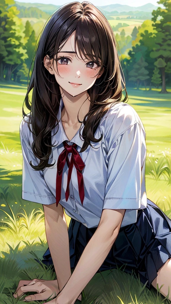 (masterpiece:1.2, top-quality, ultra high res, ultra detailed), (realistic, photorealistic:1.4), beautiful illustration, (natural side lighting, movie lighting), 
looking at viewer, (face focus, upper body), 1 girl, japanese, high school dirl, perfect face, (perfect anatomy), cute and symmetrical face, baby face, shiny skin, slender
(long hair:1.5, straight hair:1.2, sark brown hair), parted bangs, grey eyes, long eye lasher, (medium breasts), 
beautiful hair, beautiful face, beautiful detailed eyes, beautiful clavicle, beautiful body, beautiful chest, beautiful thigh, beautiful legs, 
((detailed cloth texture, short sleeve white collared shirts, navy blue pleated mini skirt, red neck ribbon), , , 
(beautiful scenery), hands on chest, (lovely smile, upper eyes), In the grass of a meadow, a girl is on all fours, and a large dog is clinging to her back from behind.
Her face was bright red, her mouth was open, and she looked like she was about to cry.
She is wearing a very short skirt.