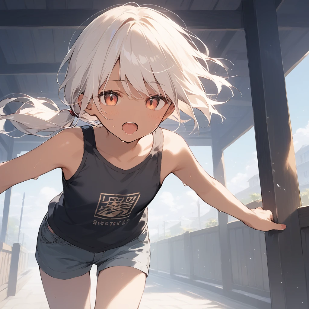 score_9, score_8_up, score_7_up, source_anime, best quality, masterpiece, official art, absurdres, highres, ultra-detailed,waifu2x,Collection: Slice of Life,break,1girl, tomboy, dark-skinned female, short hair, low ponytail, flat chest, beautiful detailed eyes, short shorts, sweat, open mouth, (yawn:0.3), sleepily, outdoors, wind,break,(clear line illustration:1.2), super detailed skin,very high resolution, very aesthetic, Best lighting powered by famous artist, 8k,cute picture,beauty illustration,photoshop_(medium),,(Detailed Lighting),best anime 8k konachan wallpaper, pixiv contest winner,