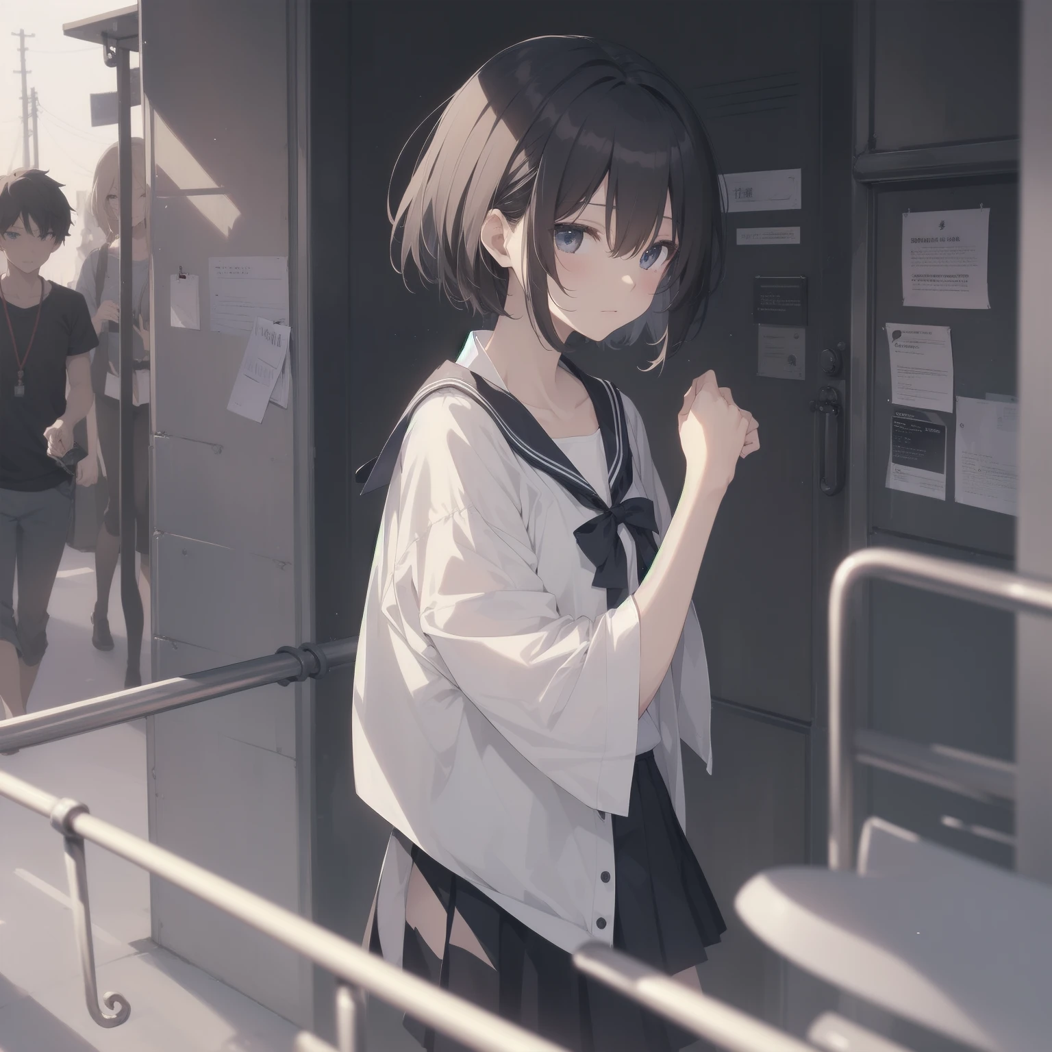 ultra-absurdres-Top quality by artist God, ultra-detailed, high resolution, anime moe artstyle, best anime 8k konachan wallpaper, pixiv contest winner, pool:2810, perfect anatomy,break, 1girl, (Please draw a girl walking sleepily to school alone. )break,(Solo,little female, 13-year-old:1.3),Full limbs, complete fingers,a junior high school student, (very short hair), short cut, flat chest, , small butt, small black eyes, beautiful detailed eyes, well-proportioned iris and pupils, expressive eyes, highres detailed hair, soft expression, salor school_uniform, sailor collar, serahuku, bow, pleated skirt,(Detailed Lighting), (Detailed background), in the School commute route. break,super detailed skin, Best cinematic lighting powered by famous artist, 8k,beauty illustration,photoshop_(medium),very aesthetic,break,((artist:yuuji_(and) )), artist:clamp ,artist:carnelian ,artist:kantoku ,