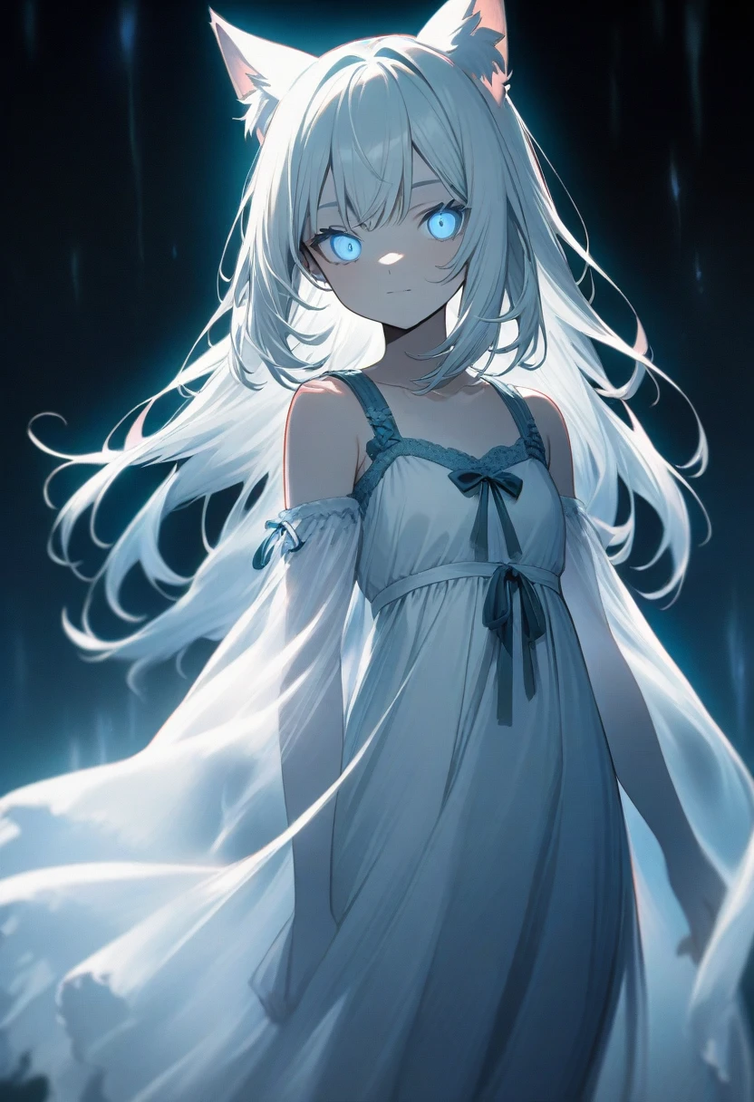 1girl, anime, cat ears, ((((glowing translucent catgirl, best quality, masterpiece, raw photo, ghost, transparent body, light white body, white aura, ghost light, Dynamic lighting, ghost))))
