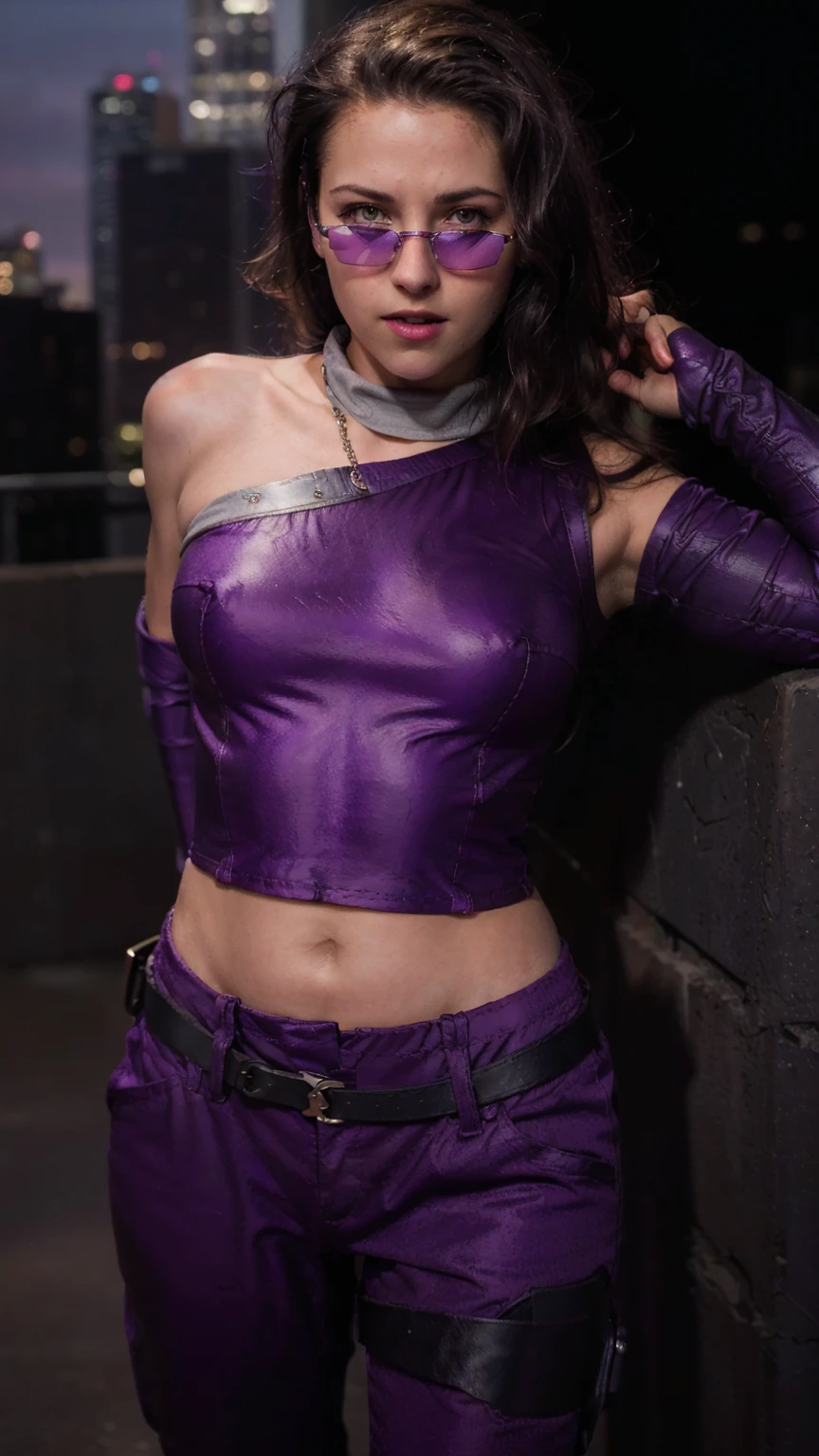 (masterpiece), (photorealistic1.4), (1 girl), (solo), (best quality), (epiCRealLife), (Kate Bishop long hair), (sleeveless top), (kateb2023 black utility belt), (kateb2023 purple costume), (purple pants) (kateb2023 purple sleevless bodysuit), (kst3w),(white scarf), (kateb2023 purple sunglasses) (bare shoulder), (night time), (black boot), (elbow gloves), (abs), (flash photography), (flashphoto), (outdoor), (new york view), (sunset), (black boots), (look at viewers),(light smile), (on city rooftop), (standing on back), (close up)