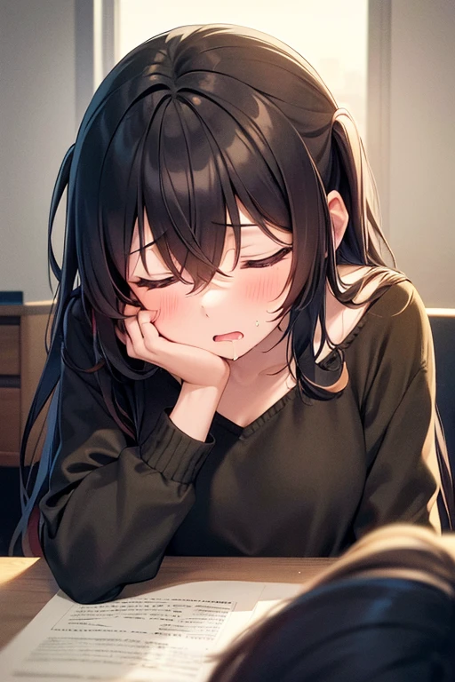 1girl, woman, head resting on desk, sleeping, sleepy, tired, drooling, saliva, saliva string, long hair, bedroom