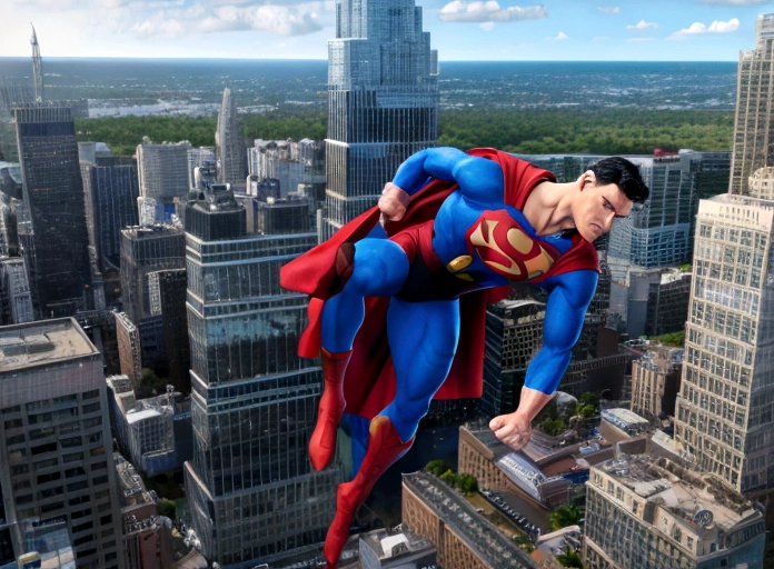 (highres, realistic:1.37), Superman flying over a bustling city, 