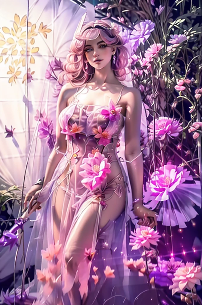 color photo of a mysterious flower fairy with transparent colorful wings, sitting in a divine light, with neon lights, holding a magic wand, axial symmetry, and a magnificent background, silver dress, high heels, flower crown, starry sky background, serene and enigmatic expression, high saturation,,(official art, unity 8k wallpaper, ultra detailed, beautiful and aesthetic, masterpiece ,best quality, photorealistic:1.3)