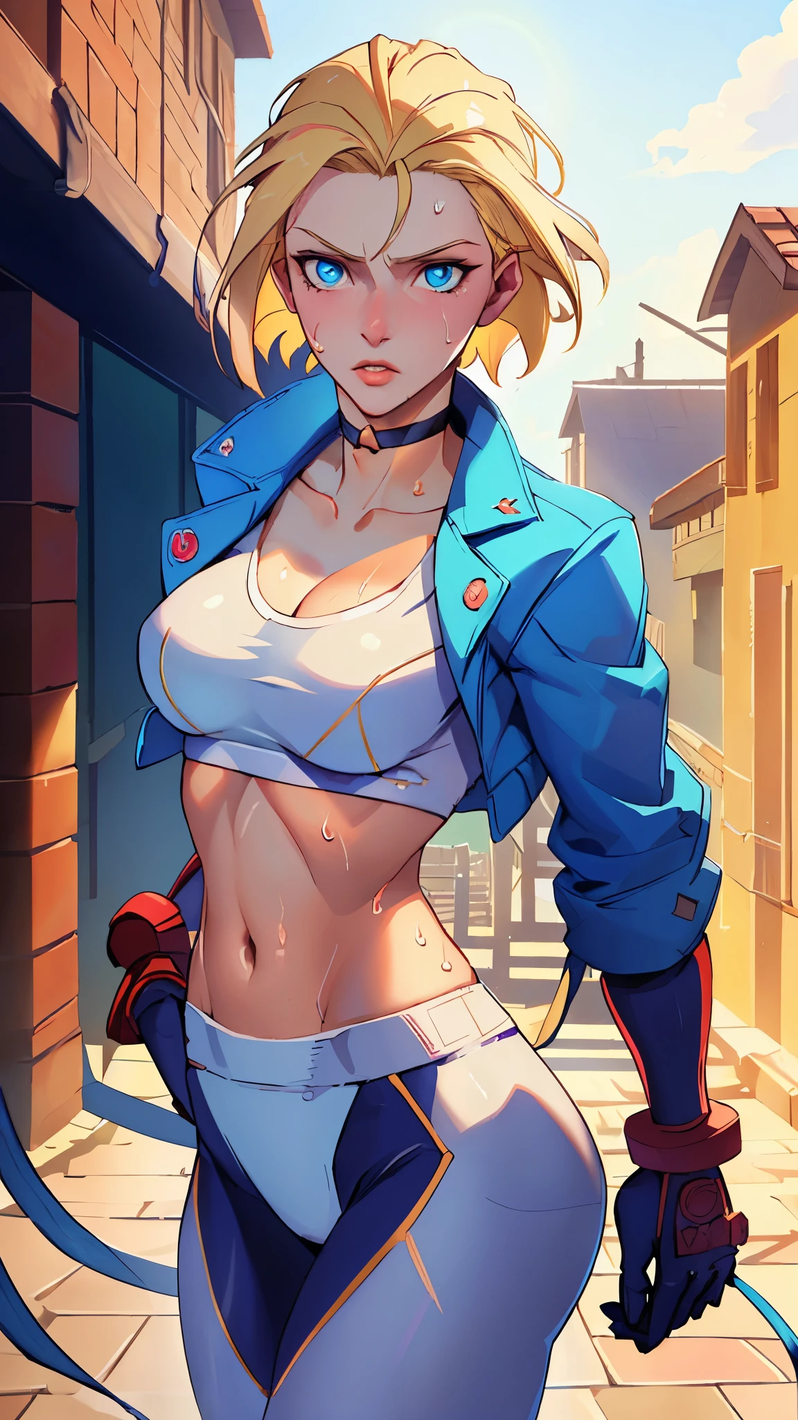 ((((masterpiece, best quality, high resolution)))), Extremely detailed 8K, 1 female, (Cammy White) wearing her Cammy White outfit, (Ultra HD, Ultra-detailed, Highly detailed, Highly realistic, Ultra-realistic, photograph realistic), (1girl:1.5), (Realistic short blond hair), (dynamic poses), facing at camera, looking at viewer, (a serious focus face), (regular blue eyes, sharp eyes), (perky breasts:1.2), (beautiful detailed face, beautiful detailed eyes), ((slightly sweating)), (preparing for a workout), sweat, glow, (sunbeam, sunlight), ((cowboy shot)), streets background, seductive, EnvyBetterHands LoCon,