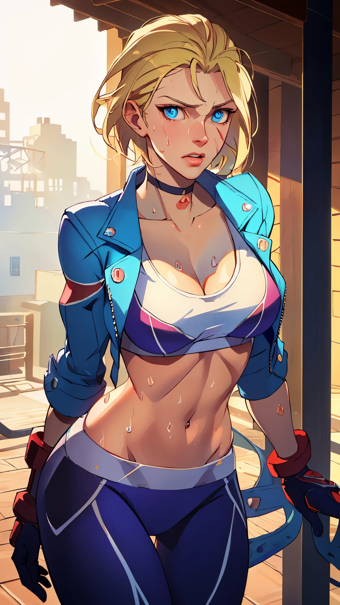 ((((masterpiece, best quality, high resolution)))), Extremely detailed 8K, 1 female, (Cammy White) wearing her Cammy White outfit, (Ultra HD, Ultra-detailed, Highly detailed, Highly realistic, Ultra-realistic, photograph realistic), (1girl:1.5), (Realistic short blond hair), (dynamic poses), facing at camera, looking at viewer, (a serious focus face), (regular blue eyes, sharp eyes), (perky breasts:1.2), (beautiful detailed face, beautiful detailed eyes), ((slightly sweating)), (preparing for a workout), sweat, glow, (sunbeam, sunlight), ((cowboy shot)), streets background, seductive, EnvyBetterHands LoCon,