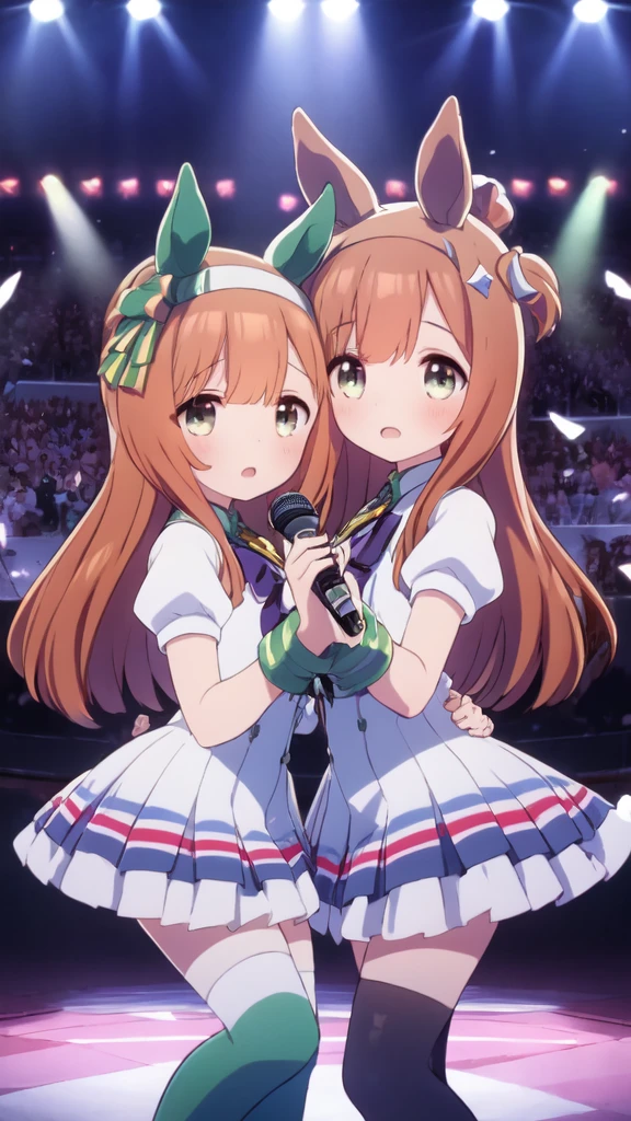 Two Girls, Smart Falcon and Silence Suzuka, Horse Girls, Stand symmetrically, Holding one hand, live house, Hold the microphone, Audience holding penlights in the background,