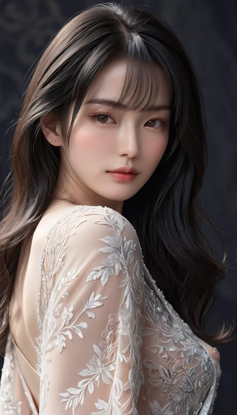 ((最大16K解像度のmasterpiece:1.6)),beautiful,Highest quality,Absolutely wonderful,Very detailed,Ultra-high resolution,masterpiece,Realistic,Realistic,Increased depth of field,Cinematic Light,
One elegant mature woman, Long black hair,beautiful顔,Very detailedな顔の表現,Face with a gentle expression,Transparent white skin,Very delicate skin texture,Great proportions,Anatomically correct body,
Sexy high slit dress,Gorgeous colors,Gorgeous and detailed pattern,Beautifully detailed pattern,Detailed cloth texture,
Black Background,
Focus on the upper body,((Face close-up:1.5)),