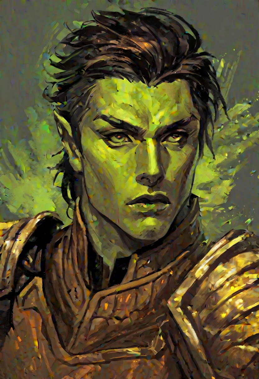 digitalpainting, pictorial \(styled\), male rogue from the Elder Scrolls series, trunk, portraite, A4, short dark hair, golden eye, Light green skin, brown leather armor, without shoulder pad, Dynamic shading, expressive brushstrokes, oil on canvas, extremely detaild, light and dark colorsdigitalpainting, pictorial \(stylised\), man from the Elder Scrolls series, Trunk, portraites, short dark hair, gold eyes, light blue skin, brown leather armor, without shoulder pad, Dynamic shading, expressive brushstrokes, oil on canvas, extremely detaild, light and dark colors, do the rest of the body of this image