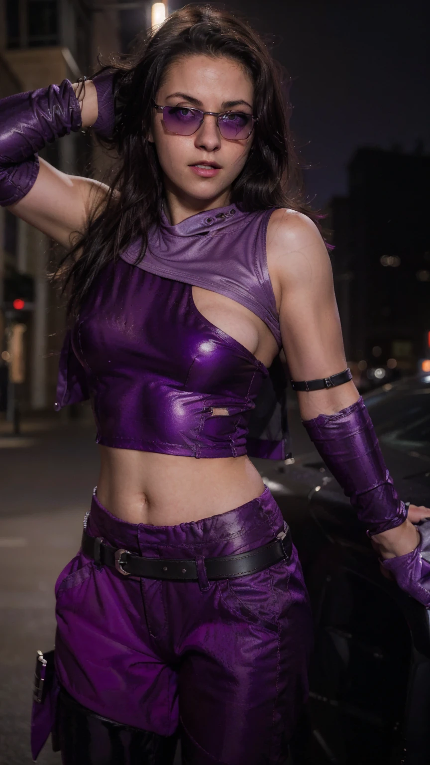 (masterpiece), (photorealistic1.4), (1 girl), (solo), (best quality), (epiCRealLife), (Kate Bishop long hair), (sleeveless top), (kateb2023 black utility belt), (kateb2023 purple costume), (purple pants) (kateb2023 purple sleevless bodysuit), (kst3w),(white scarf), (kateb2023 purple sunglasses) (bare shoulder), (night time), (kateb2023 wearing black boot), (elbow gloves), (abs), (flash photography), (flashphoto), (outdoor), (street of new york), (at night), (black boots), (look at viewers),(light smile), (walking),
