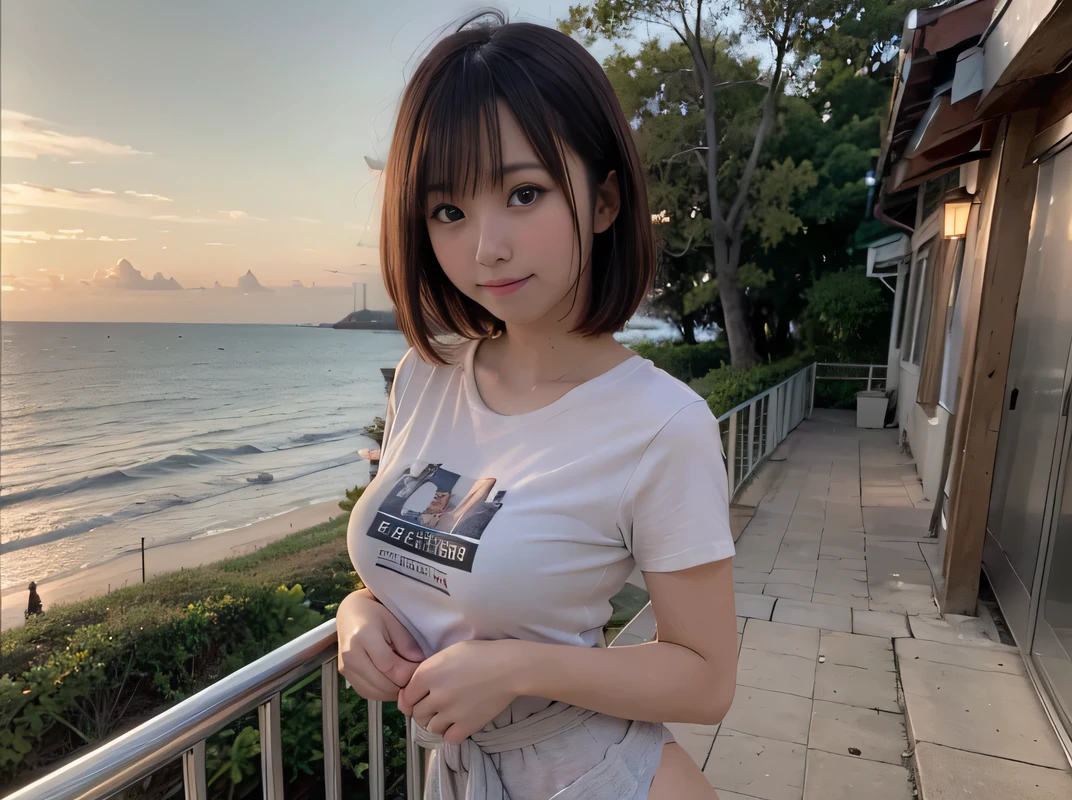 Sea view, 
 Blake Background Only Rock Formation:1.6, 

 Break Foreground only Sandy beach :1.6, 
evening, sunset, Ocean Waves, Water reflection, 
 Anatomically completely correct:1.6, 
((1 Japanese girl)), Very short bob cut:1.2,  blush, Shyly, , Open the mouse a little, 
Showing off slightly swollen lower buttocks from medium ASS,beach shorts, (T-shirt waist length:1.4), Non-nipples:1.4, 
 Blake Beautiful Ass,  
Brown Hair, Wet Hair, 
Hilarious:1.0, smile:1.0, Ecstasy:1.0, [[Puff out your cheeks]], 

 smile、
Dynamic Angle,, whole body, 
SFW:1.2, 
 break
, RAW Photos, Highest quality, masterpiece, Realistic, PhotoRealistic, Highly detailed 8k wallpaper, Beautiful and detailed eyes, Detailed painted face, 
High key lighting, Professional Lighting, Cinema Lighting, Side Lighting, Bokeh、((One person))、