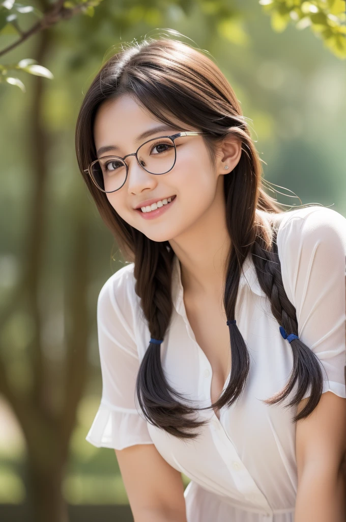 masterpiece, best quality, High school student,Round glasses,youth,shirt,Thin stature,White background,happy,Smile,Smile,Hair accessories,Light,Sunlight,Lighting,Light and Shadow,(Extremely detailed CG unity 8k wallpaper), (best quality), (Best Illustration Award), (The best shadow), absurd, Realistic lighting, (abyss), Beautiful and delicate light, Leng Jun