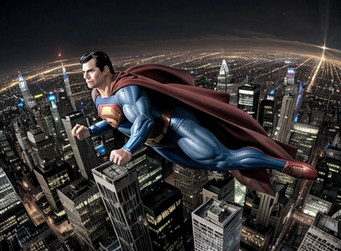 Superman flying over a bustling city