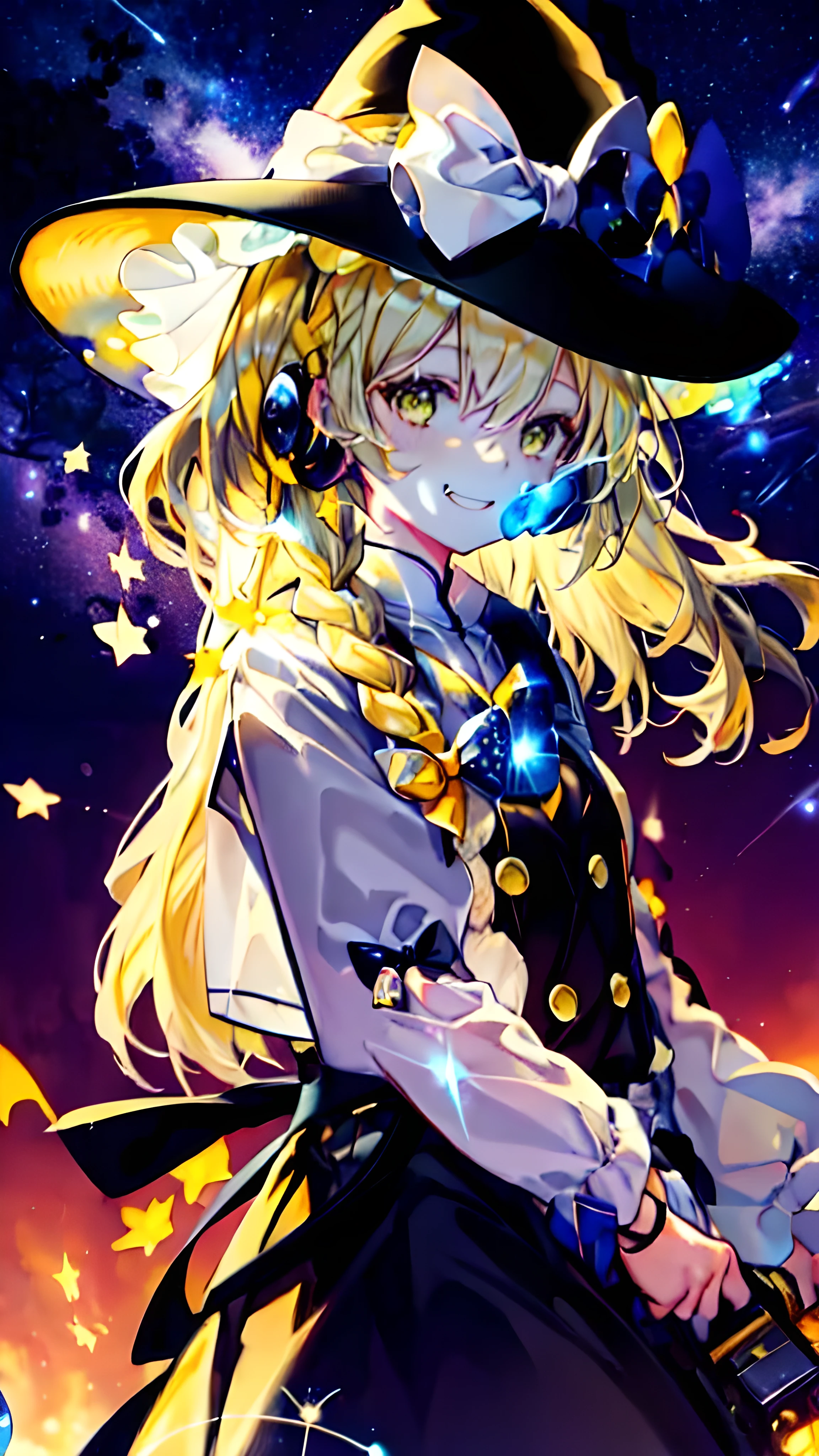 (Best image quality), blonde_hair, length_hair, Have, witch_Have, bow, yellow_eye, Braiding, single_Braiding, Have_bow, smile, hair_bow, white_bow, 前hair, black_hat, (Highly detailed CG Unity 16k wallpaper:1.1), Night Sky,(shooting star)