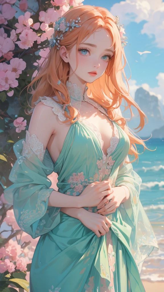 work of art, epic details, ultra detaild, best resolution, hair orange, greeneyes, Braided hair, ( Beautiful nymph ), beautiful and robust wreath of blue and pink leaves and flowers, { olhos ultra detailds }, (( rosto angelical )), sculptural body, ( peasant clothing ), (( perfect hands )), TREES, medieval scenery, medieval tavern, beautiful hairstyle with bangs