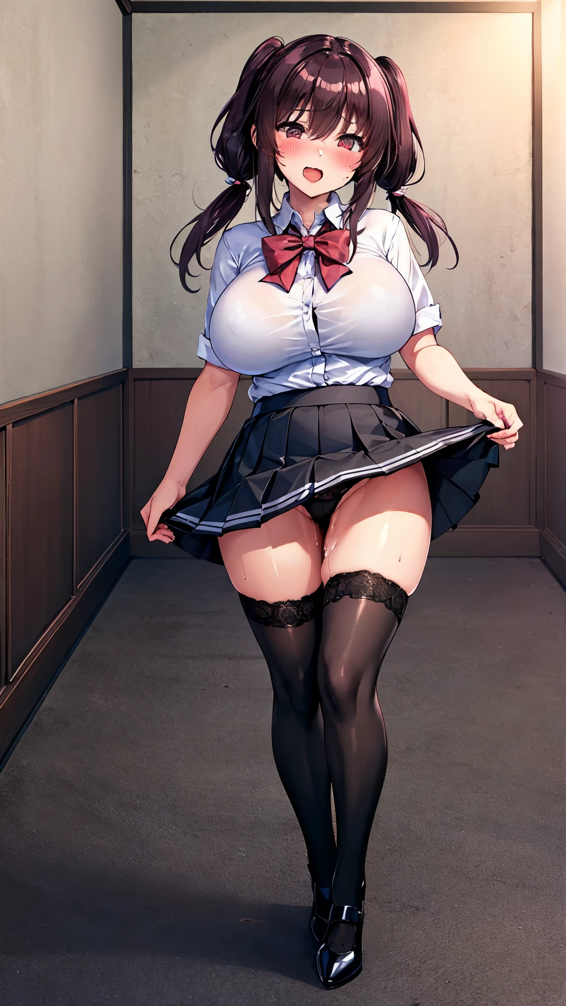 Highest quality,masterpiece,8K,1girl,((,big breasts,litt)),((orgasm,blush,:1.3)),((long hair,low twintails)),hair ribbon,sweat,Shiranui Mizuki,((school uniform,white shirt,black skirt,Miniskirt,lift skirt,upskirt,black panties,lace panties)),black thighhighs,classroom,((((walking))))