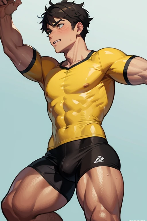 1muscular sportsman, male focus, Yellow tight T-shirt, muscular male, muscular, only, black shorts, gym shorts, alone, look to the side, pectorals are oversized, Big pecs short hair, stubble, black hair, green eyes, White background, simple background, amazing quality, best aesthetics, Ridiculous, short hair, small pupils, open lips, Sweat, Awkward, embarrassed, blush, best quality