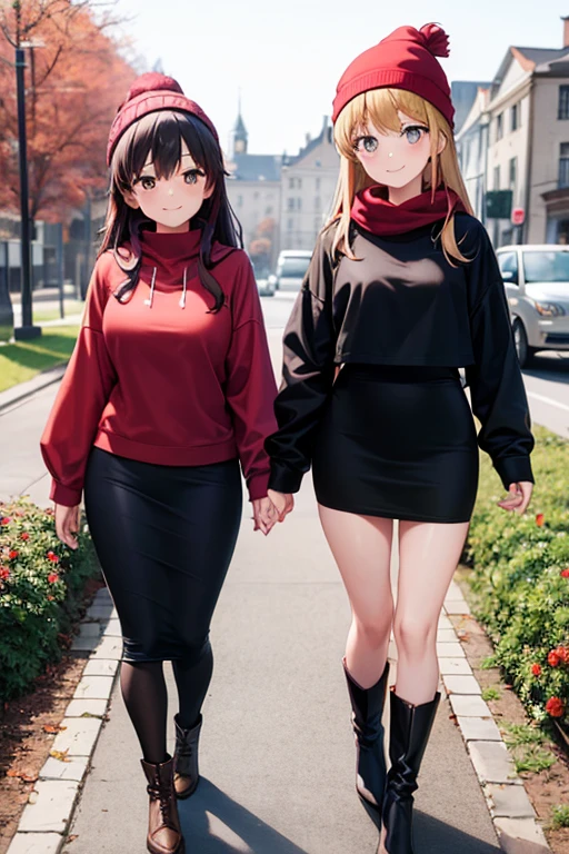 1girl, woman, red hoodie (cropped), tight midi pencil skirt (black), long length pencil skirt, long brown hair, looking at viewer, full body, walking, smile, blush, boots, garden, fall, leaves, red beanie, scarf