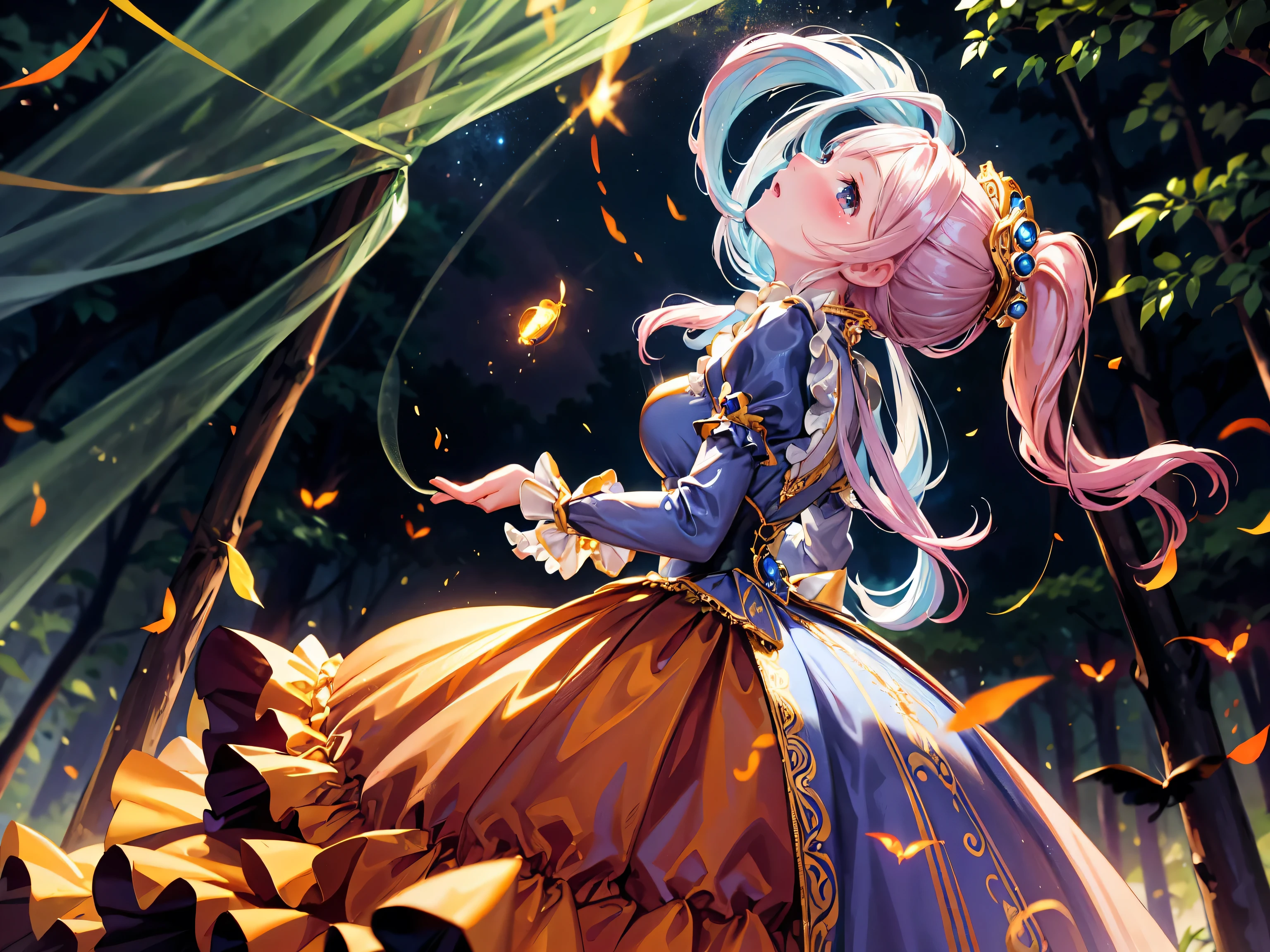 (((young face solo Captivating Adorable princess))), (((dress garnet dress)))), (((Unsurpassed gorgeous rococo victorian gown with voluminous  hoopskirt and long hems, princess style skirt:1.9))), (gown brilliances dazzlingly glitter reflective prismatic transparency gown:1.5), (gown ultra elaborate gown:2), (gown transparent gown:1.5),  (((huge breasts:1.5))), breasts focus, breasts cleavage, (hair pink hair:1.6), (((ponytail fluffy long ponytail:1.6))), ((Expressive hair)), very voluminous and very long hair, bangs, super delicate and beautiful face, beautiful lips, (hyper detail delicate beautiful eyes blue eyes), hair ornament silver ornament, beautiful smile, ((cowboy shot:1.3, from below:1.5, looking up:1.5, dynamic pose:1.5, dutch angle:1.5)), (((Masterpiece, Super detail, top quality, ultra high res, Spectacular Quality, Distinguished Quality, ultra detailed, unity 16k, ultra photo realistic))), (firefly light so many firefly light, in night forest:1.5), 