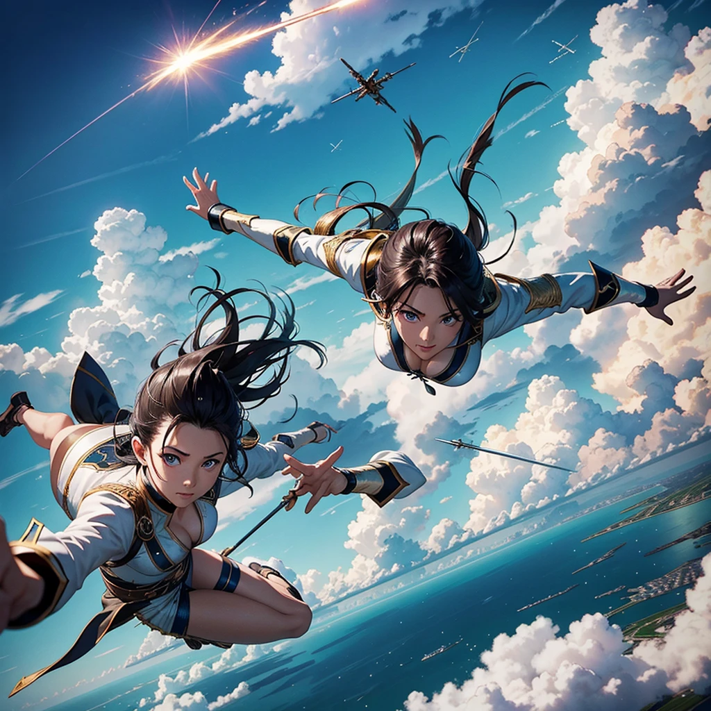 Aerial swordfighting gunfighters, falling from the sky, sparks from metal on metal contact, clouds, bright spring day.