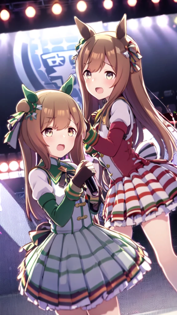 Two Girls, Smart Falcon and Silence Suzuka, Horse Girls, Stand symmetrically, Holding one hand, live house, Hold the microphone, Audience holding penlights in the background,