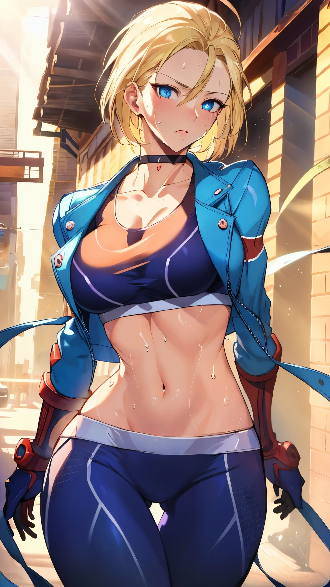 ((((masterpiece, best quality, high resolution)))), Extremely detailed 8K, 1 female, (Cammy White) wearing her Cammy White outfit, (Ultra HD, Ultra-detailed, Highly detailed, Highly realistic, Ultra-realistic, photograph realistic), (1girl:1.5), (Realistic short blond hair), (dynamic poses), facing at camera, looking at viewer, (a serious focus face), (regular blue eyes, sharp eyes), (perky breasts:1.2), (beautiful detailed face, beautiful detailed eyes), ((slightly sweating)), (preparing for a workout), sweat, glow, (sunbeam, sunlight), ((cowboy shot)), streets background, seductive, EnvyBetterHands LoCon,