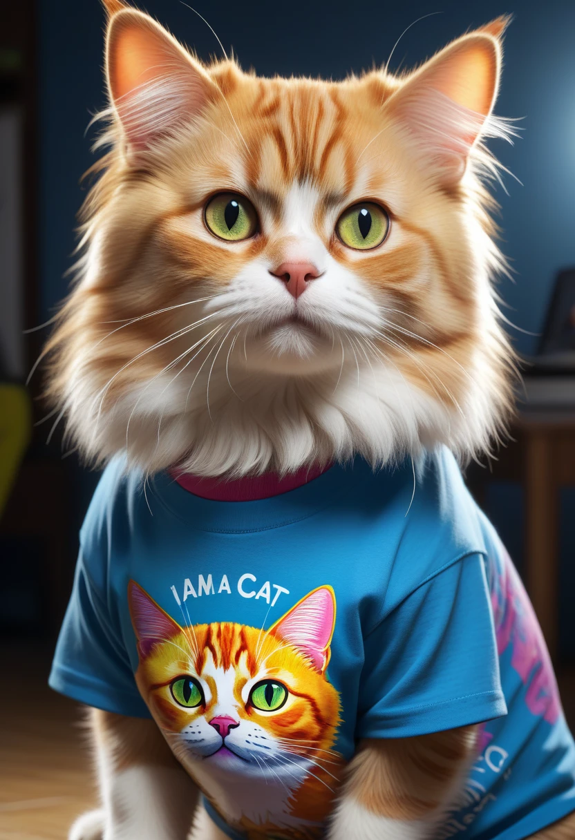 a dog wearing a t-shirt with a cat design, extremely detailed, 1 dog, dog wearing a t-shirt, cat design on t-shirt, text on t-shirt saying "I am a cat person", realistic, highly detailed, 8k, photorealistic, studio lighting, vibrant colors, sharp focus, masterpiece