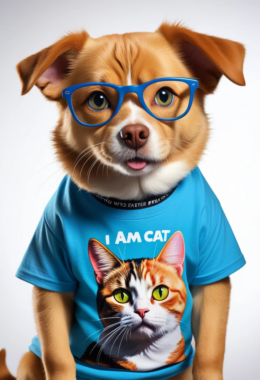 a dog wearing a t-shirt with a cat design, extremely detailed, 1 dog, dog wearing a t-shirt, cat design on t-shirt, text on t-shirt saying "I am a cat person", realistic, highly detailed, 8k, photorealistic, studio lighting, vibrant colors, sharp focus, masterpiece