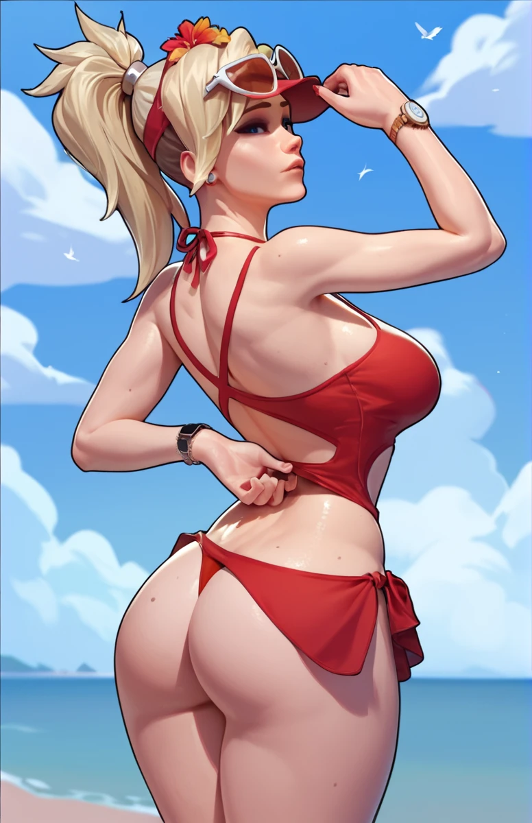 score_9,score_8_up,score_7_up,score_6_up ,source_overwatch score_9, score_8_up, score_7_up, 1woman, solo, mercy \(overwatch\), high quality, at beach, red swim bikini, red cappy, baywatch