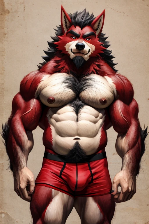 (artistic caricature),furry art,Hairy chest and neck with thick red fur.,hairy white body,handsome muscular werewolf,dog print boxer briefs,Velvet arms,Big round eyes covered with long red fur.,furry anime,muscle structure,soft skin textures, shirtless,hair flowing down the back and chest,Masterpiece,detailed skin,handsome and chubby(lobo), whole body